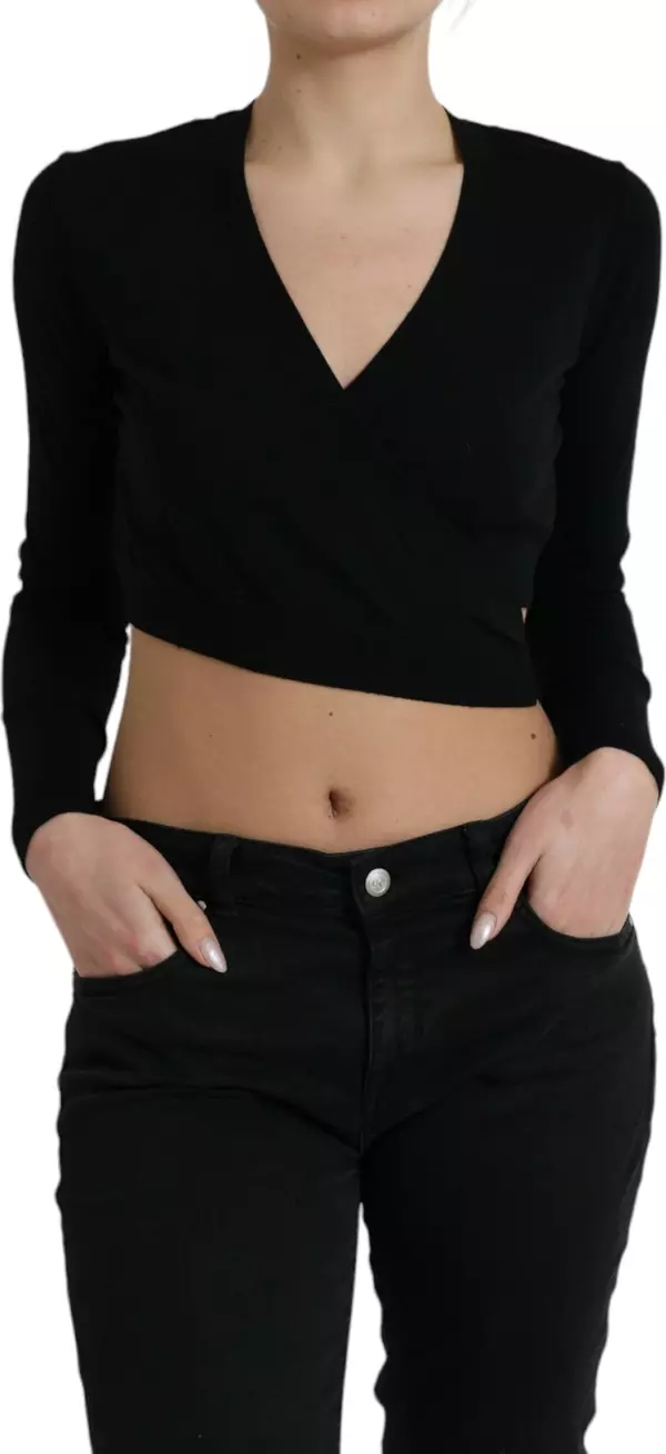 Black Wool V-neck Crossed Cardigan Sweater