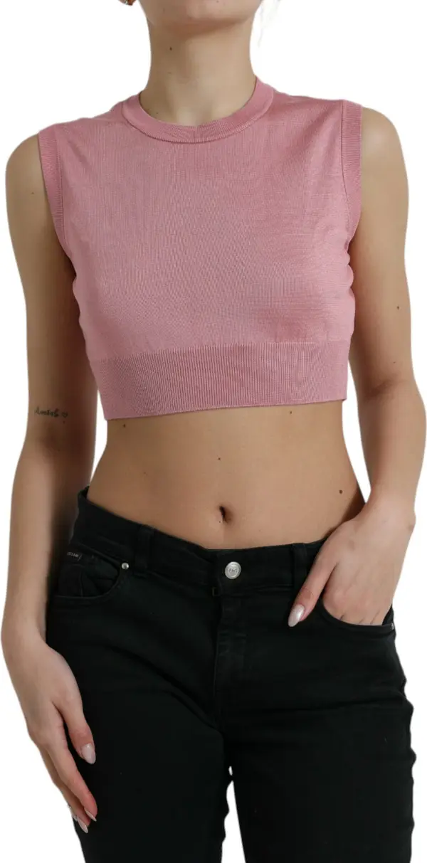 Pink Crew Neck Cropped Sleeveless Tank Top