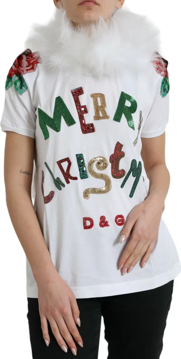 White Cotton Christmas Sequin Fur T-shirt