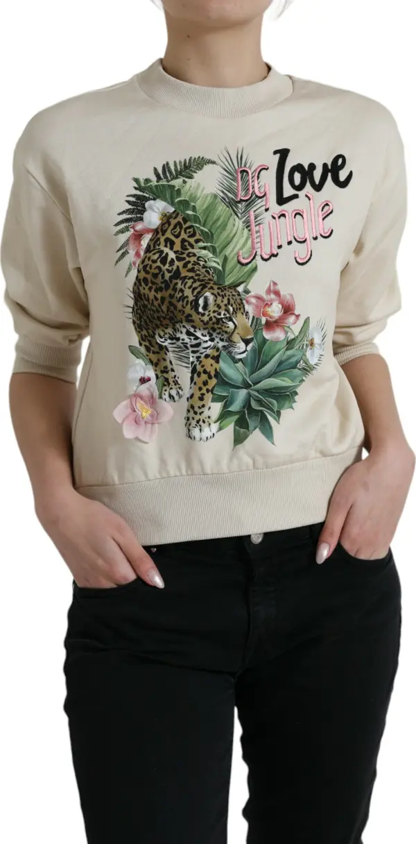 Beige Jungle Printed Cotton Pullover Sweater