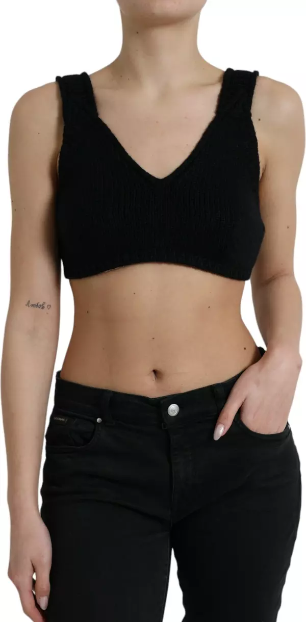 Black Cropped Cashmere V-neck Bustier Top