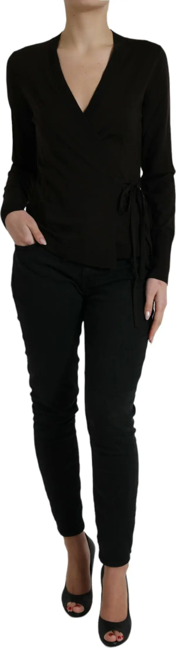 Black Wool V-neck Crossed Cardigan Sweater
