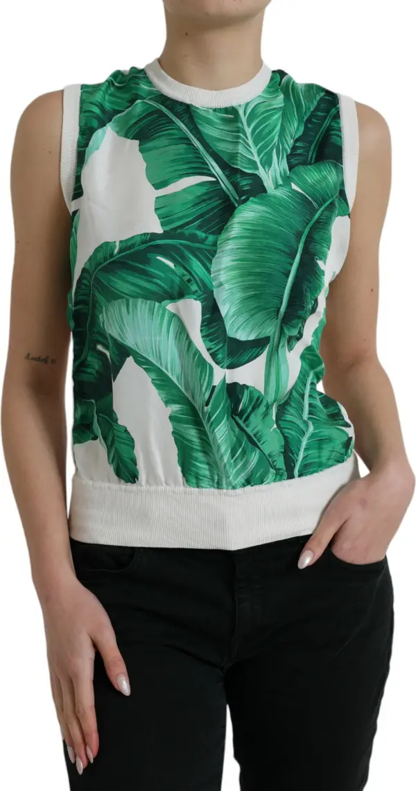 White Banana Leaf Print Crew Neck Tank Top