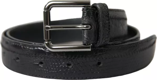 Black Exotic Leather Silver Metal Buckle Belt