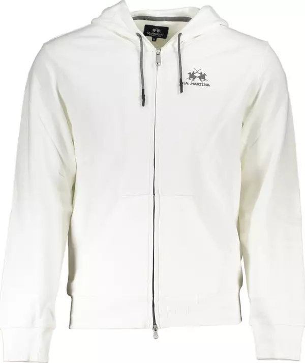 White Cotton Men Sweater with Hood and Zip Pockets