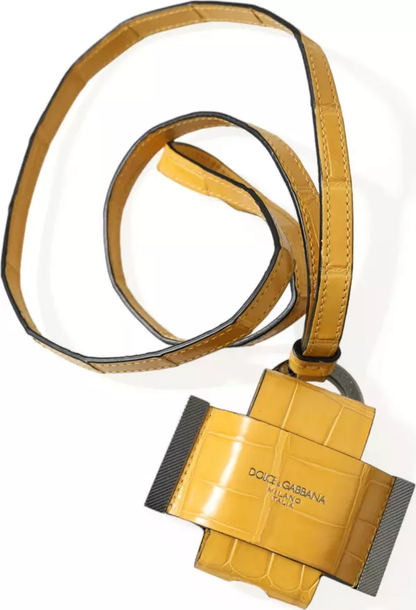 Yellow Crocodile Leather Logo Print Lanyard Keychain