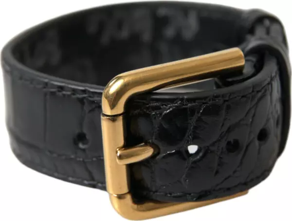 Black Textured Leather Gold Tone Metal Buckle Armband