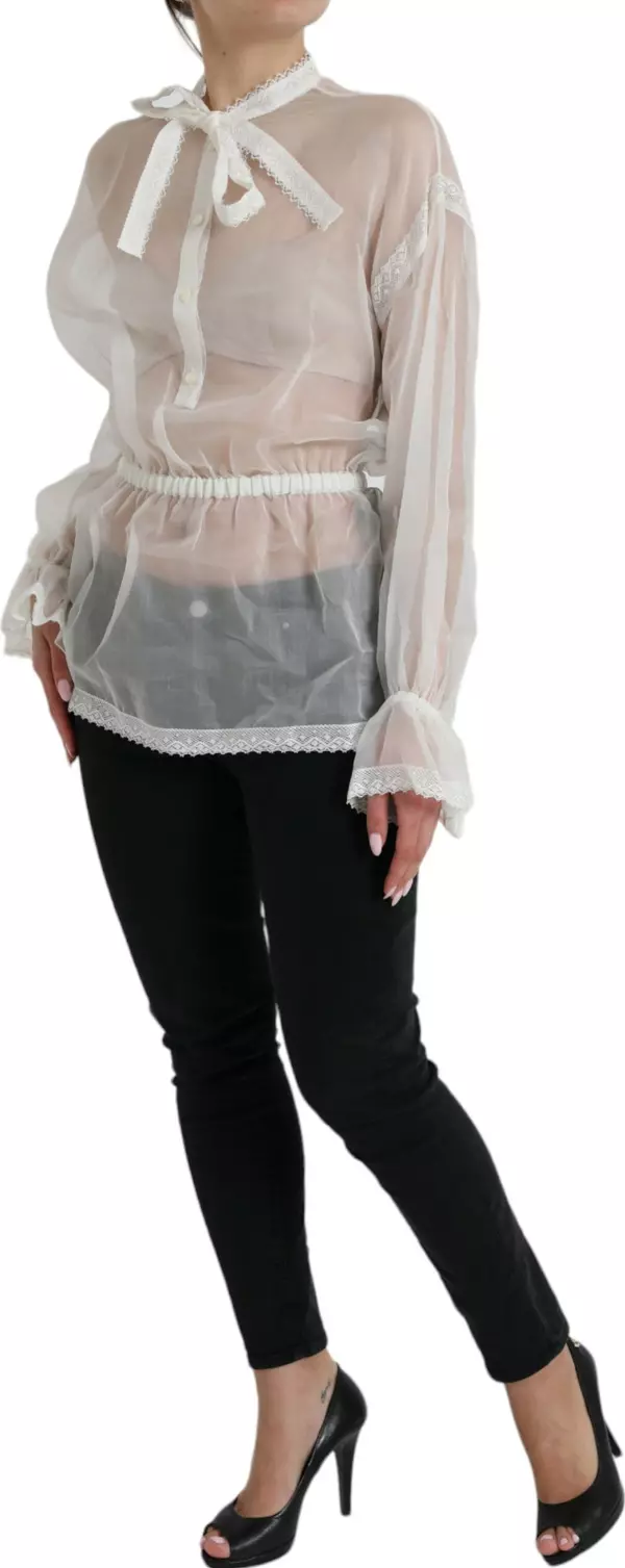 White Silk Long Sleeves Ascot Collar Top