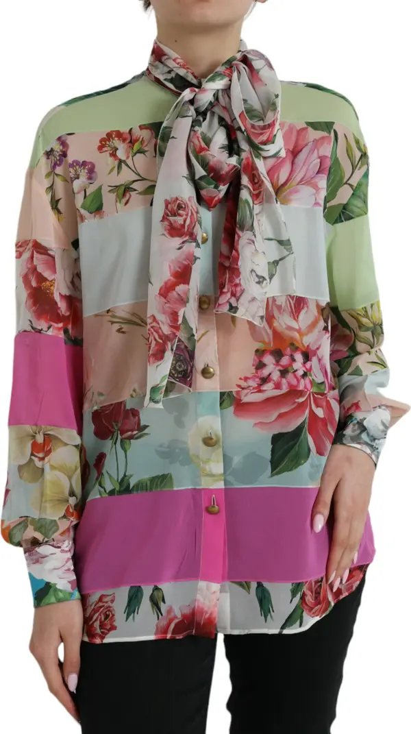 Multicolor Floral Patchwork Ascot Collar Top