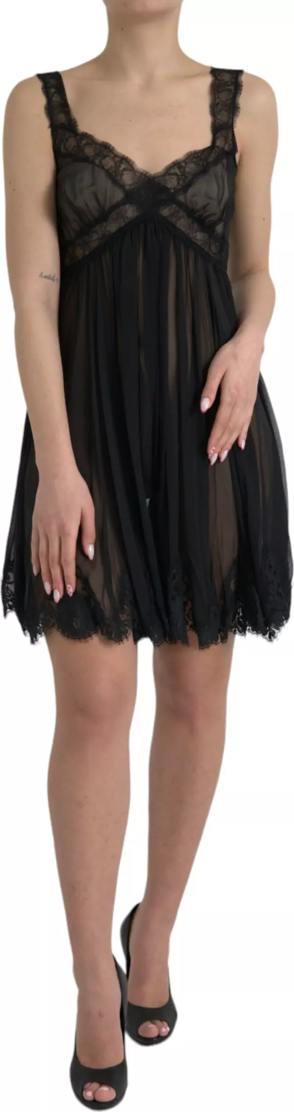 Black Silk Pleated Lace Chiffon Mini Dress