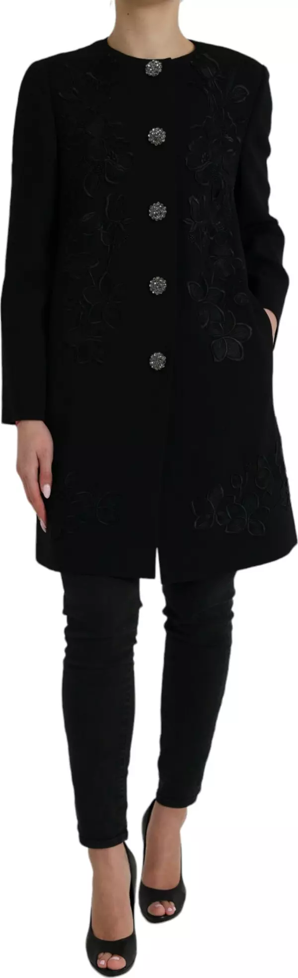 Black Floral Wool Button Embellished Jacket