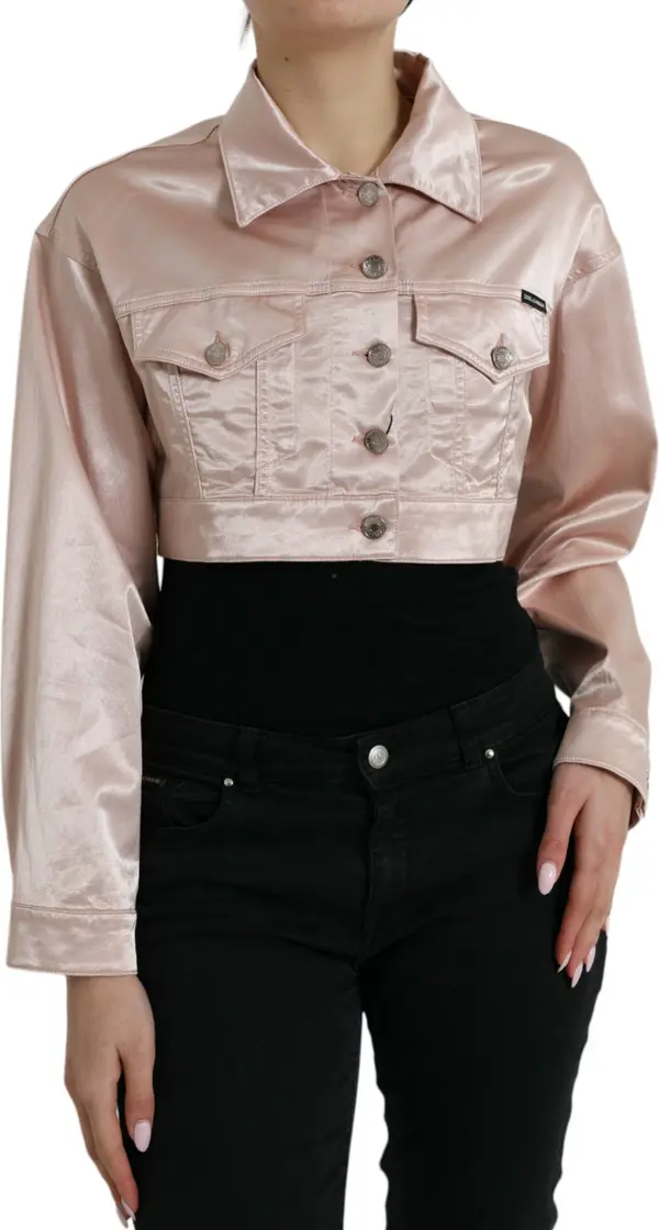 Pink Cotton Stretch Collared Cropped Jacket