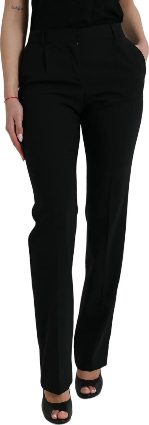 Black Wool Mid Waist Tapered Pants
