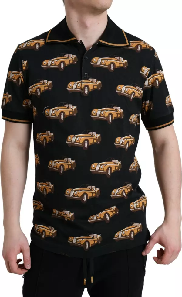 Black Car Print Short Sleeve Polo T-shirt