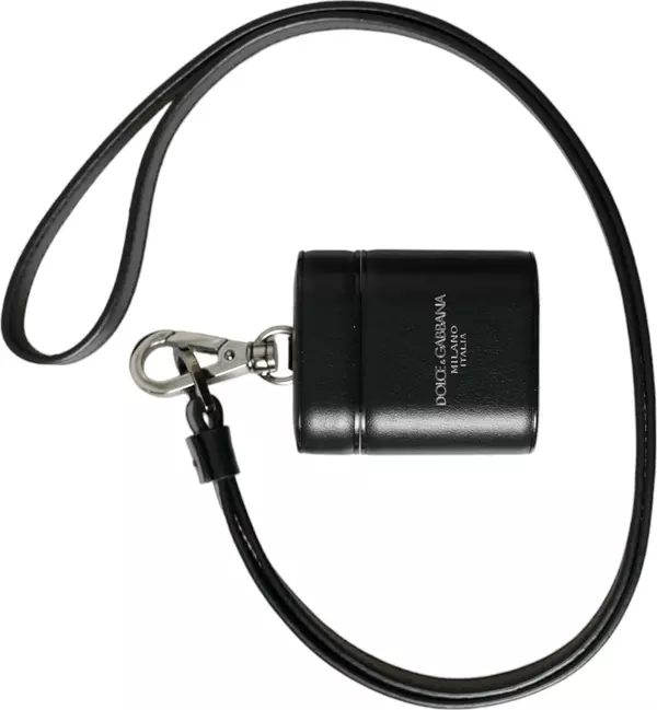 Black Leather Strap Silver Metal Logo Printed Airpods Case