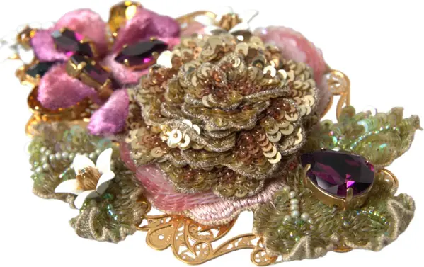 Gold Brass Floral Crystal Sequined Hair Clip