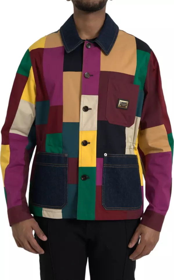 Multicolor Patchwork Cotton Collared Jacket