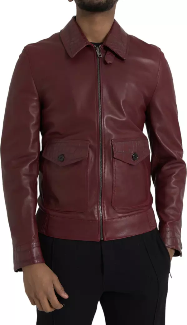 Maroon Exotic Leather Zip Biker Coat Jacket