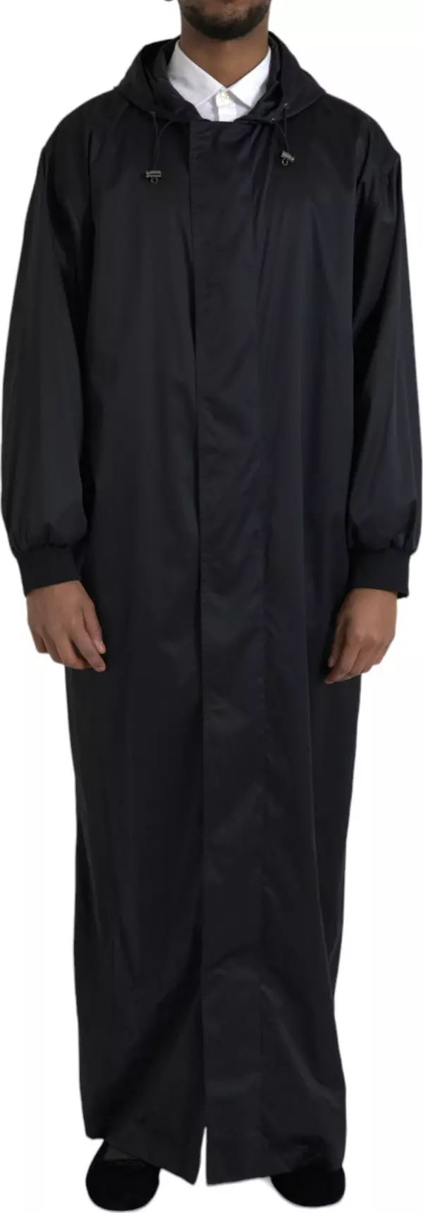 Black Polyester Hooded Long Windbreaker Jacket
