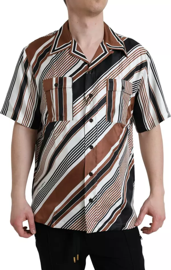 Brown White Silk Striped Short Sleeve Shirt