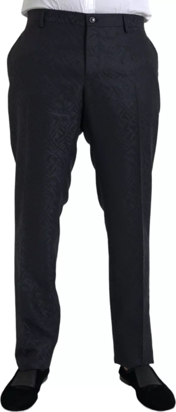 Blue Brocade Wool Skinny Men Dress Pants