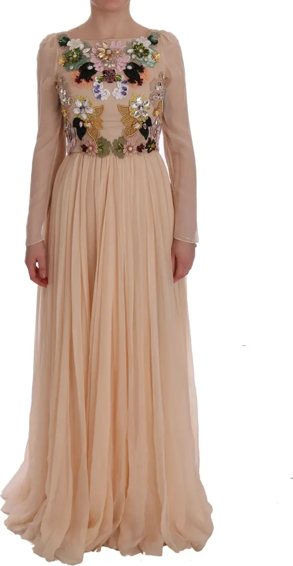 Pink Silk Floral Crystal Maxi Gown Dress