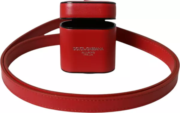 Red Calfskin Leather Logo Print Strap Men Airpods Case