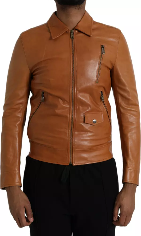 Brown Lamb Leather Full Zip Blouson Jacket
