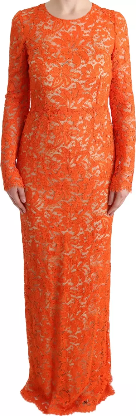 Orange Floral Ricamo Sheath Long Dress