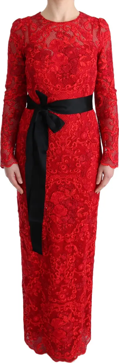 Red Floral Ricamo Sheath Long Dress