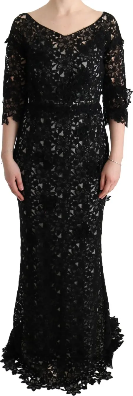 Black Cotton Silk Floral Long Dress