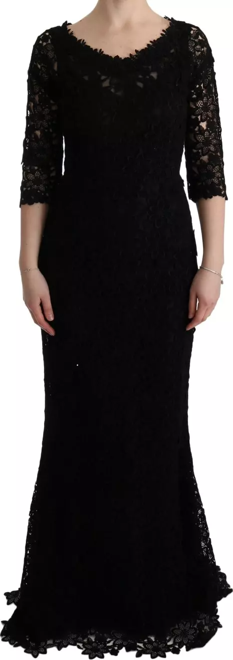 Black Floral Ricamo Sheath Long Dress