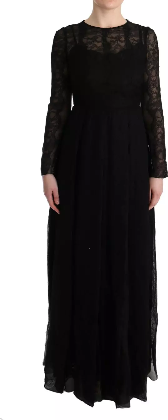 Black Floral Lace Sheath Silk Dress