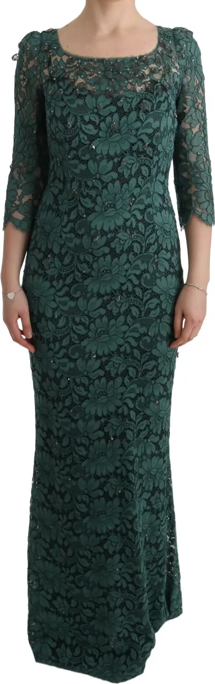 Green Floral Crystal Ricamo Sheath Dress