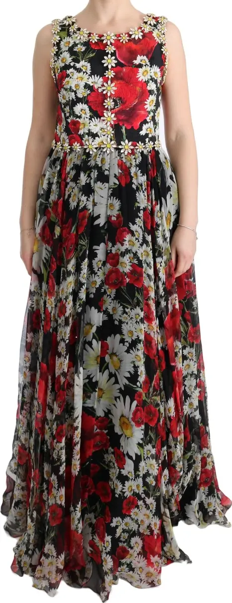 Multicolor Silk Floral Crystal Long Maxi Dress