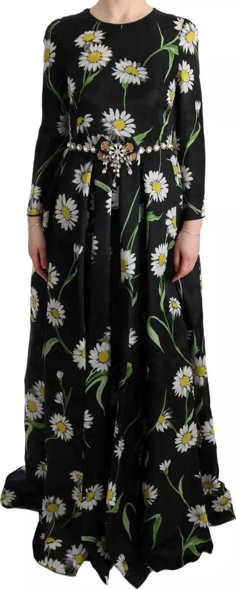 Multicolor Silk Sunflower Print Long Maxi Dress