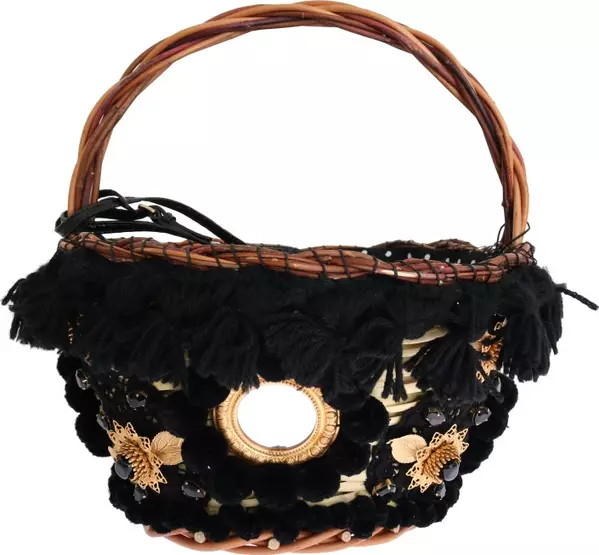 Beige Straw Snakeskin Pom Pom Crystal AGNESE Bag
