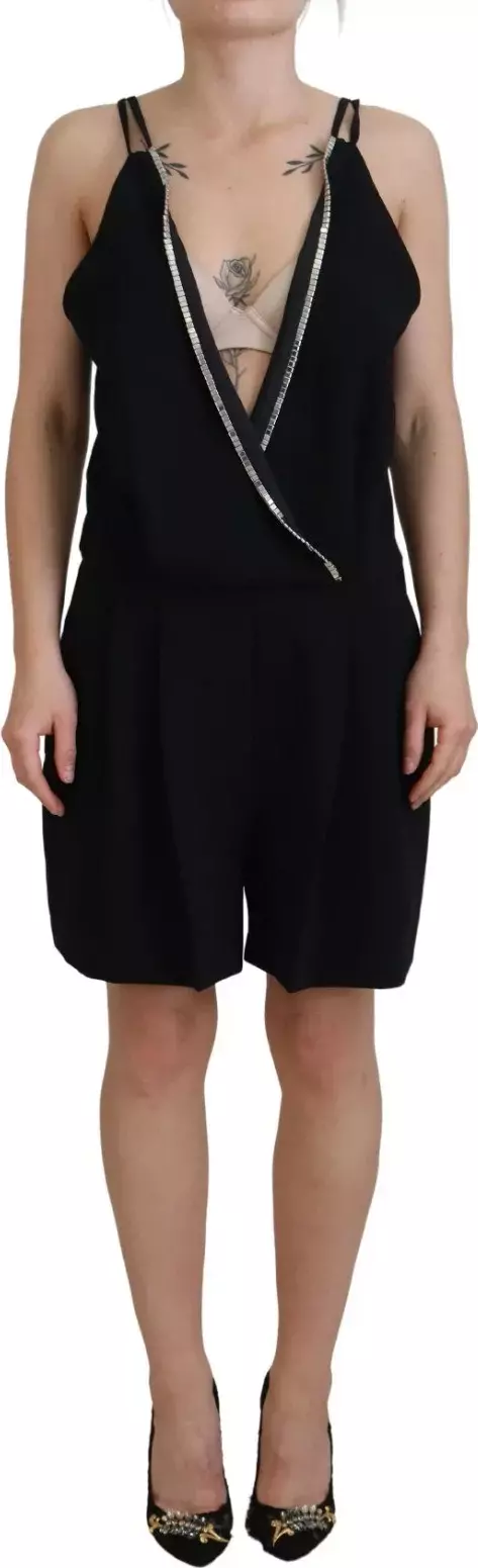 Black Embellished Sleeveless V-neck Jumpsuit Dress