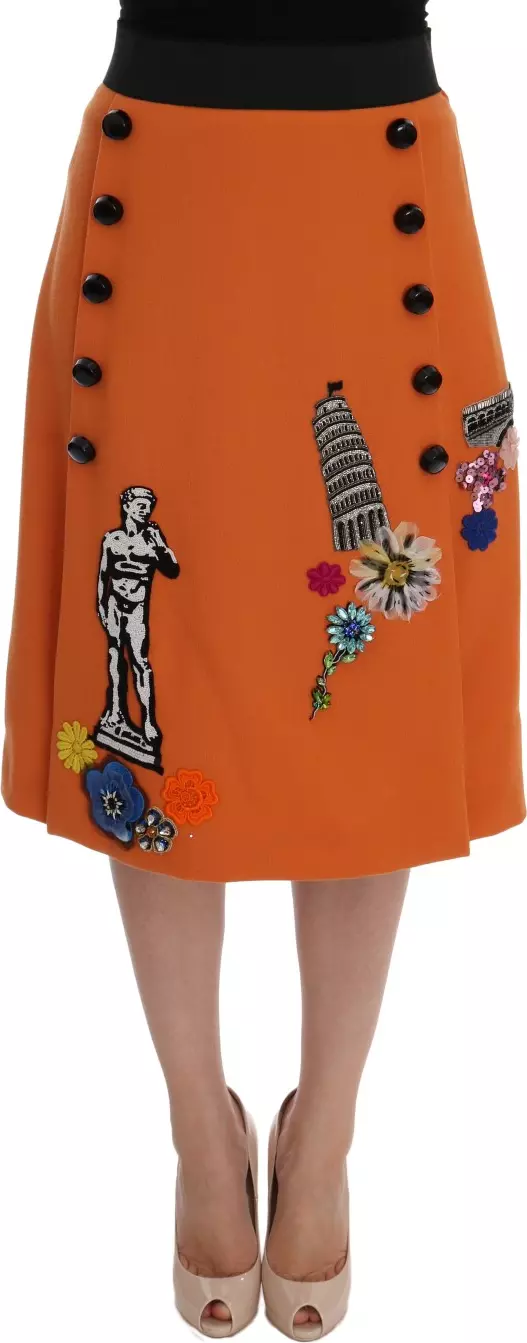 Orange Wool Crystal Sequin Appliques Skirt