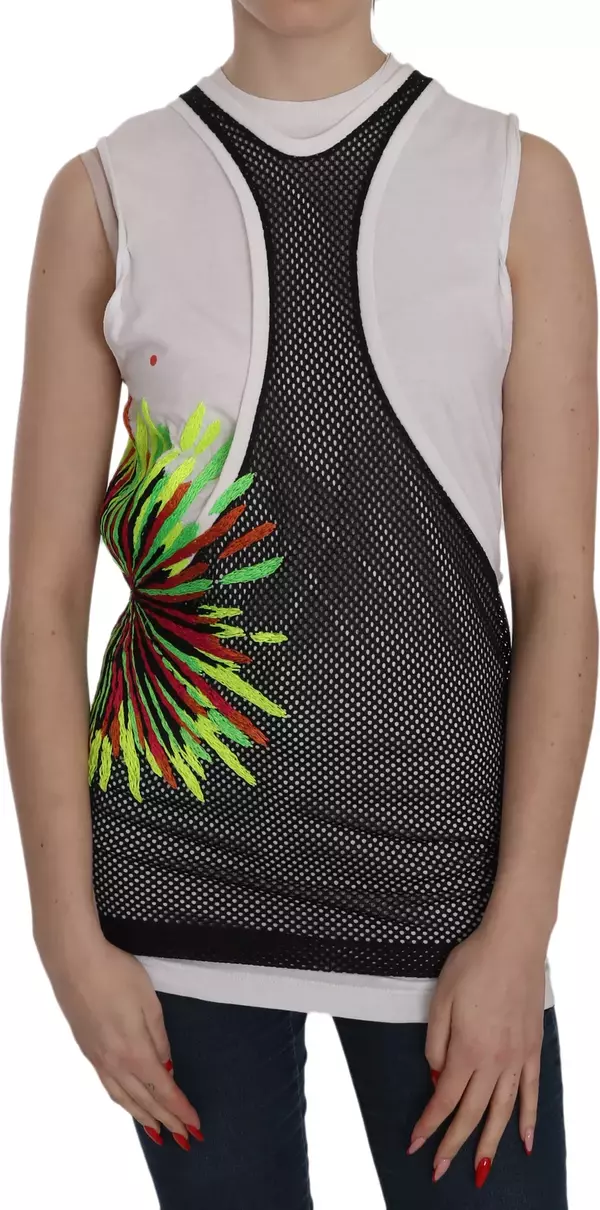 Black White Crew Neck Sleeveless Cotton Blouse