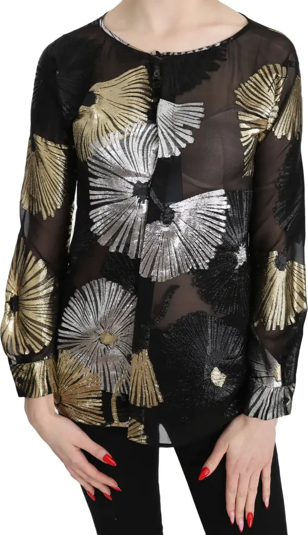 Gold Silver Silk Jacquard See Through Top Blouse