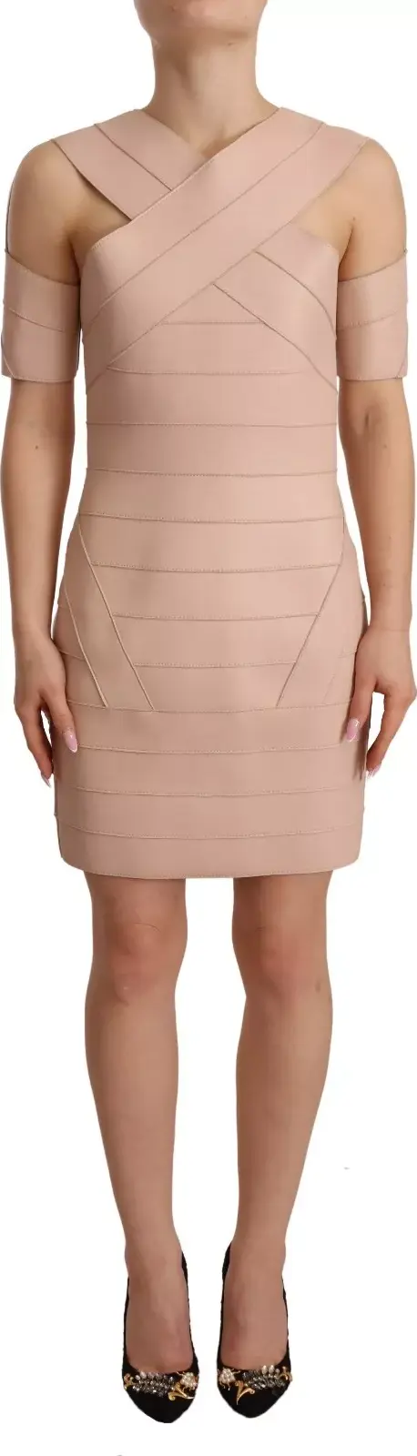 Beige Leather Open Shoulder Sheath Mini Dress