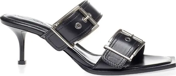 Black Leather Stiletto Heel Sandals