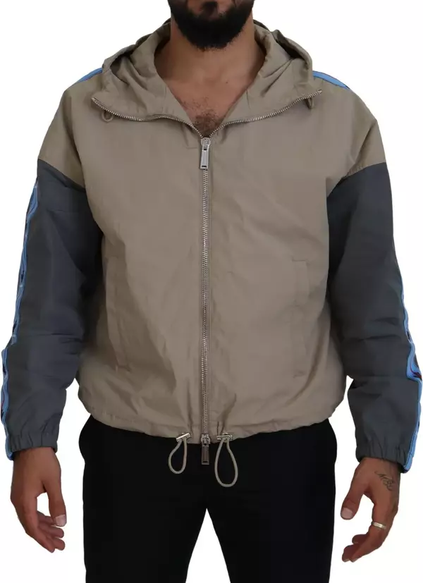 Brown Gray Sleeves Hooded Full Zip Jacket