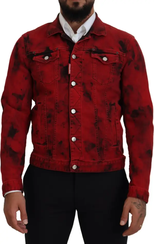 Red Black Tie Dye Collared Men Denim Jacket