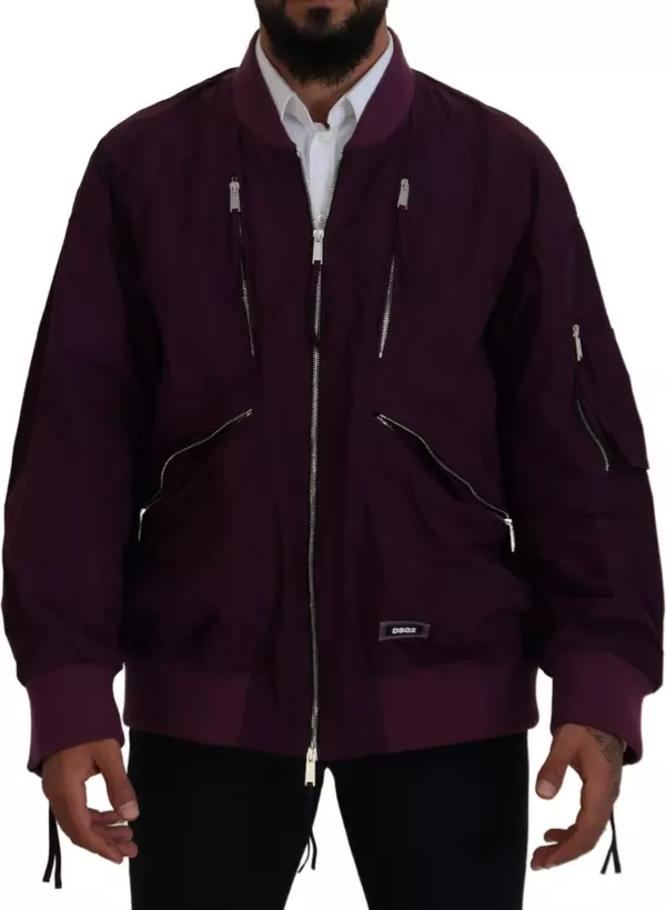 Purple Polyester Full Zipper Bomber Jacket