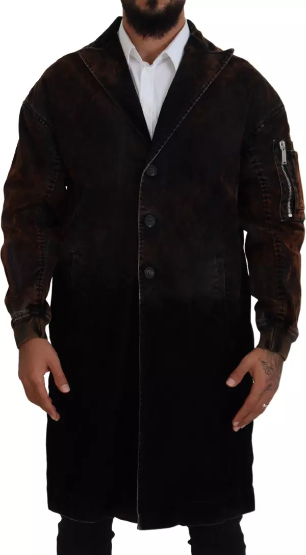 Brown Full Button Men Long Coat Cotton Jacket