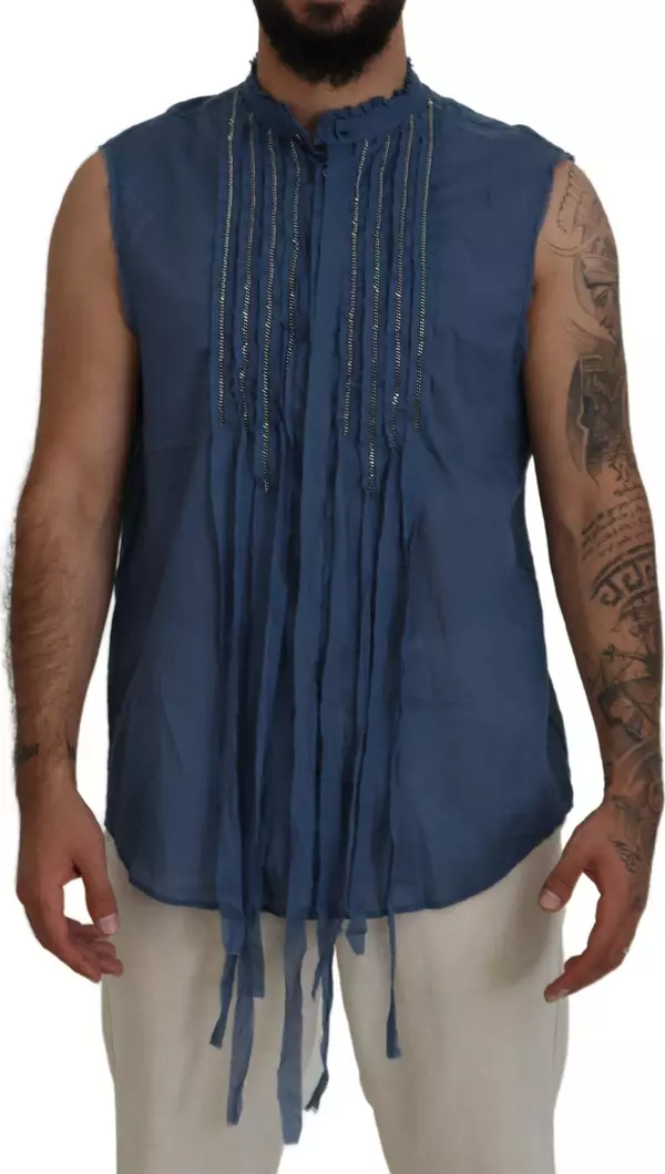 Blue Cotton Chain Embellishment Sleeveless Shirt
