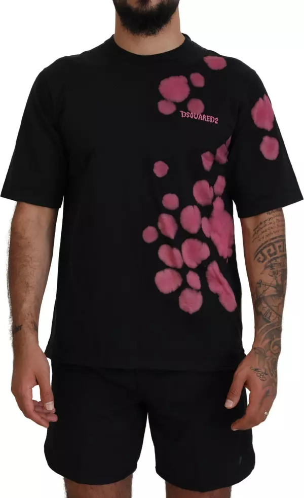 Black Pink Cotton Short Sleeves Crewneck T-shirt