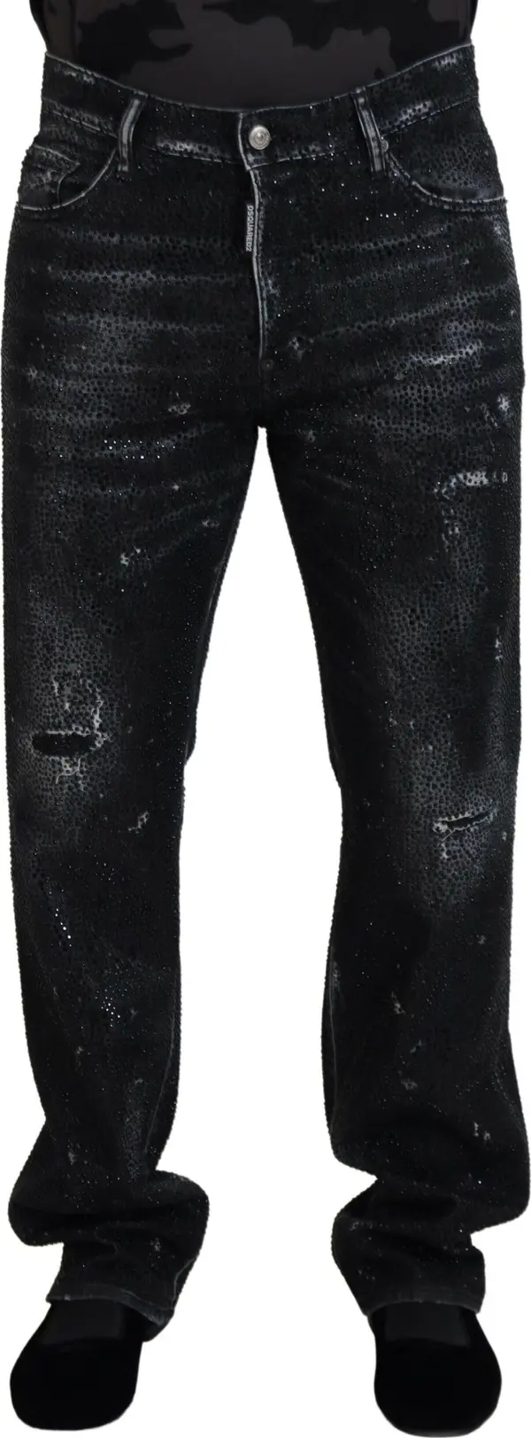 Black Crystal Embellished Tattered Denim Jeans